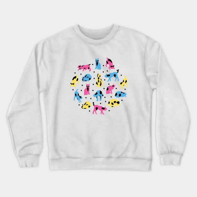 Retro pattern with cartoony cats and polka dots in cmyk over white Crewneck Sweatshirt by agus.cami